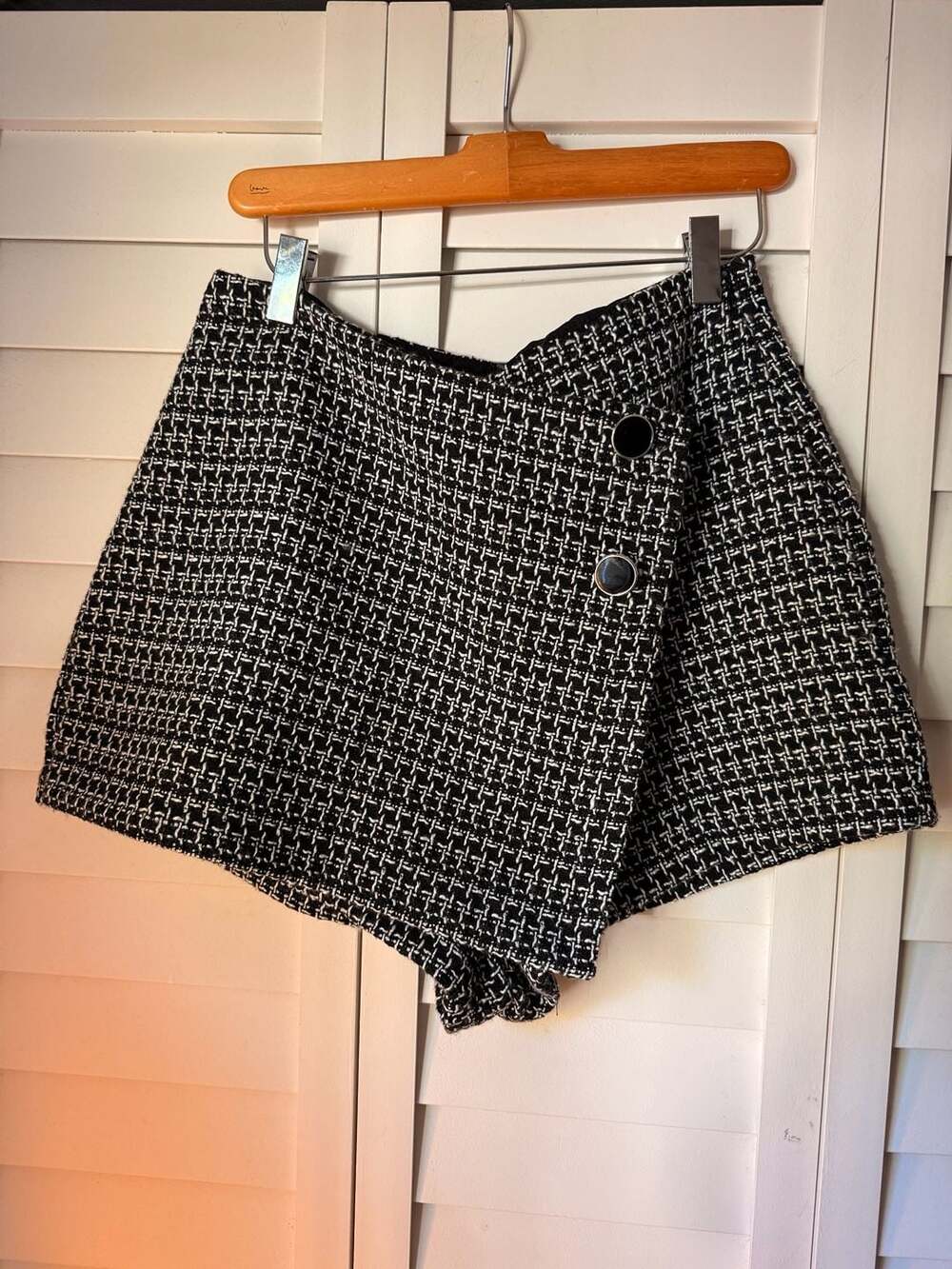 Stoosh Black and White Tweed Wrap Skort with Silver Trim Buttons